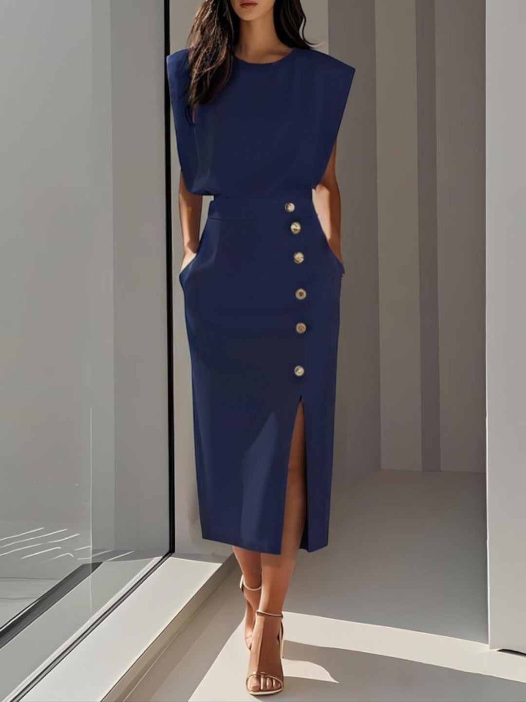 Woman wearing Navy Button Slit Midi Dress with button-front | Lunova