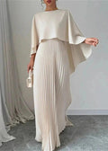 Woman wearing White Cape Overlay Maxi Dress with pleated, full-length | Lunova