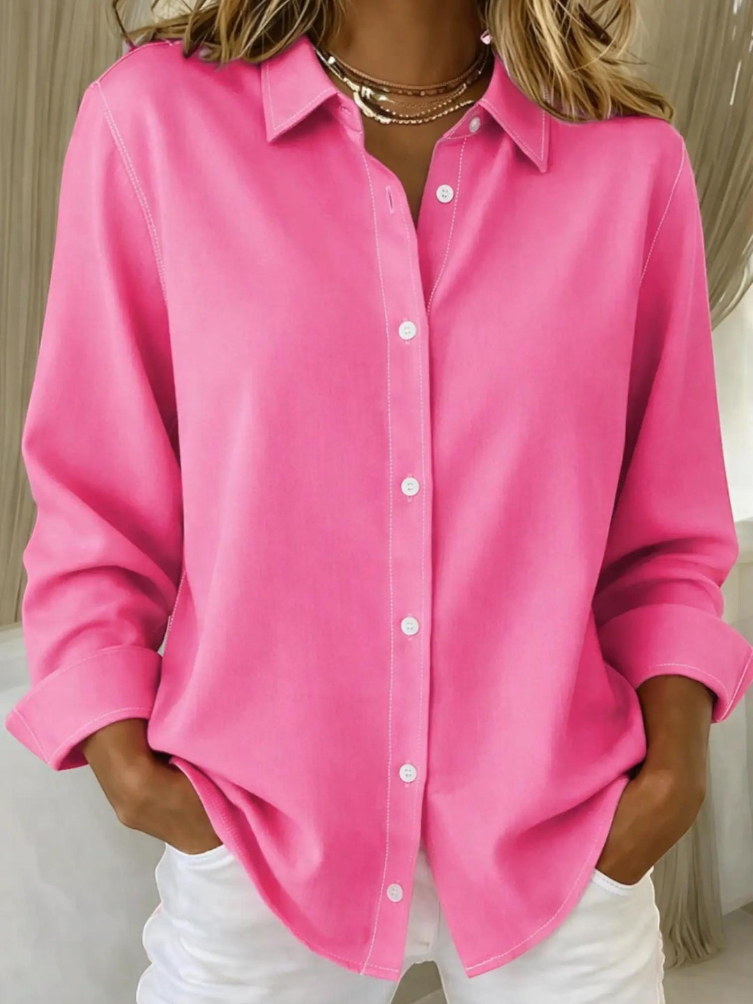 Woman wearing Casual Button-Up Shirt with button-front | Lunova