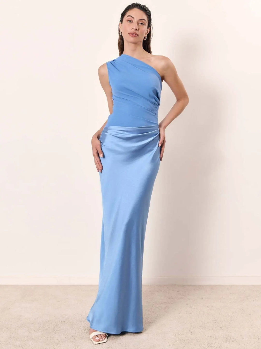Woman wearing Light Blue Chic Maxi Dress with fitted, one-shoulder | Lunova