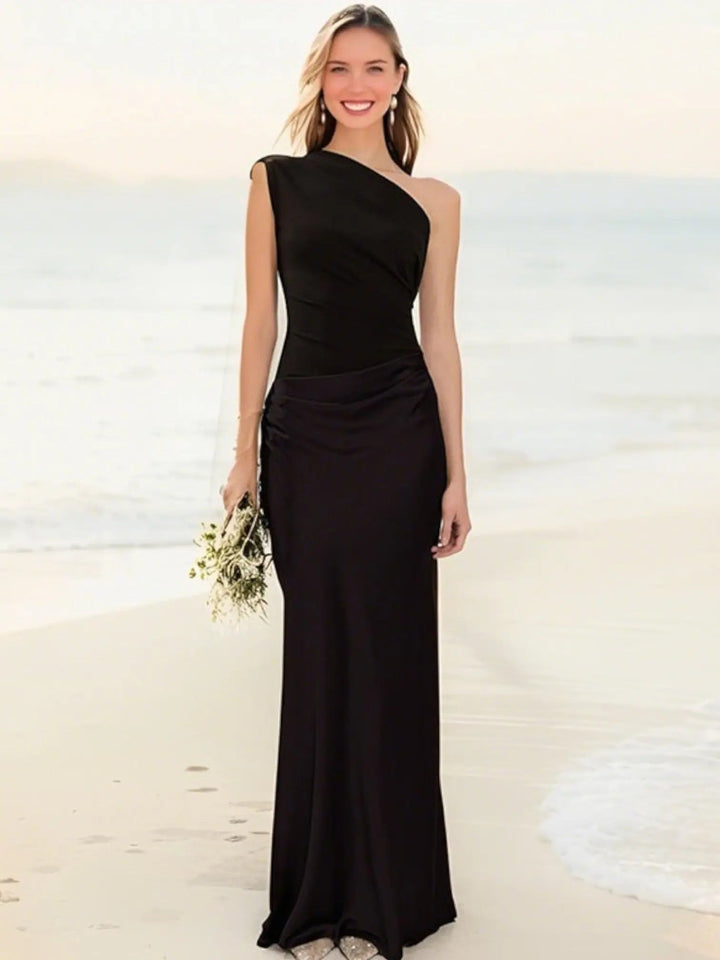Woman wearing Chic Maxi Dress with fitted, one-shoulder — view 11 | Lunova
