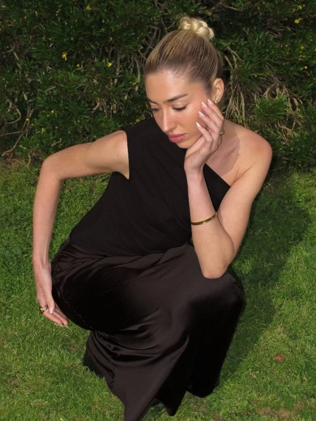 Woman wearing Chic Maxi Dress with fitted, one-shoulder — view 12 | Lunova