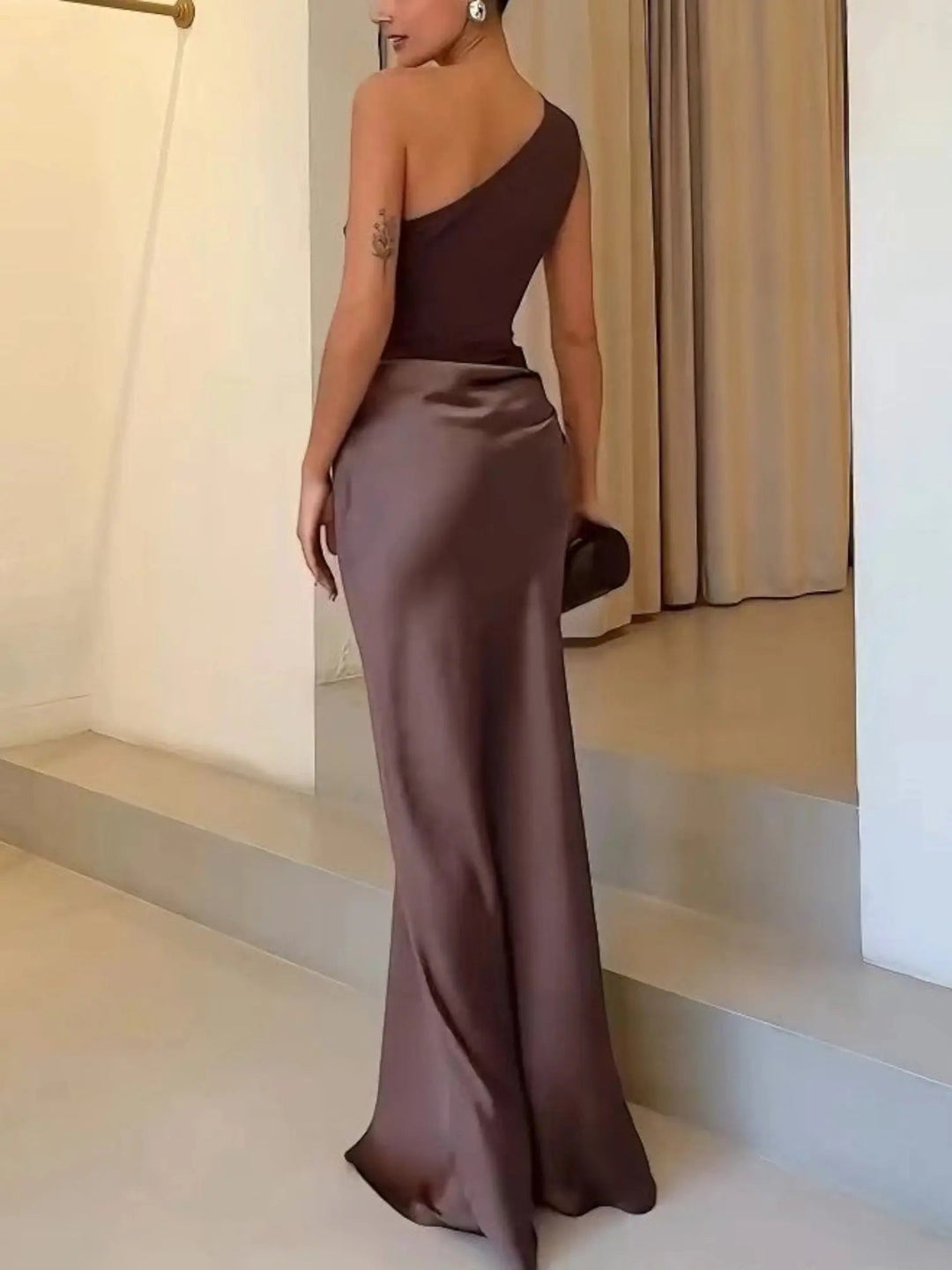 Woman wearing Chic Maxi Dress with fitted, one-shoulder — view 2 | Lunova