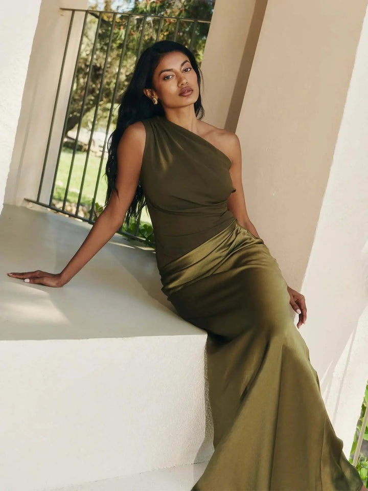 Woman wearing Chic Maxi Dress with fitted, one-shoulder — view 3 | Lunova