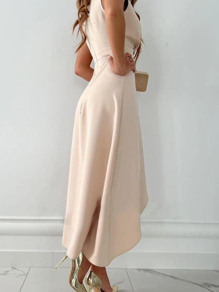 Woman wearing Chic Maxi Dress with wrap, fitted — view 3 | Lunova