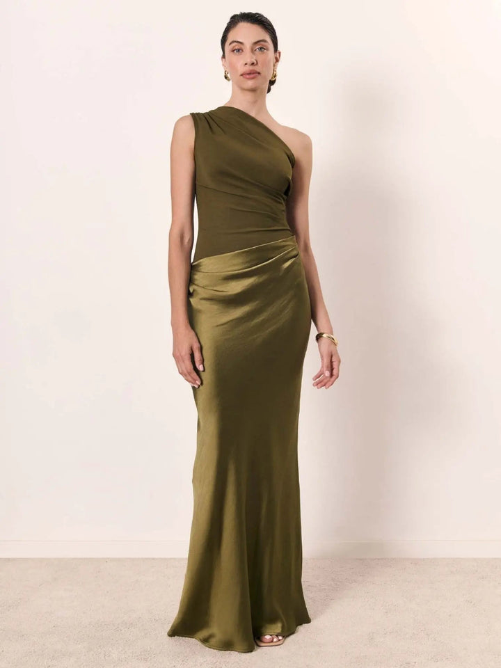 Woman wearing Brown Chic Maxi Dress with fitted, one-shoulder | Lunova