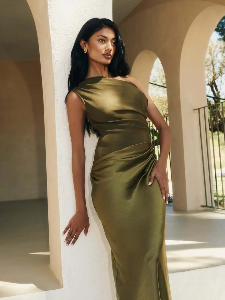 Woman wearing Chic Maxi Dress with fitted, one-shoulder — view 4 | Lunova