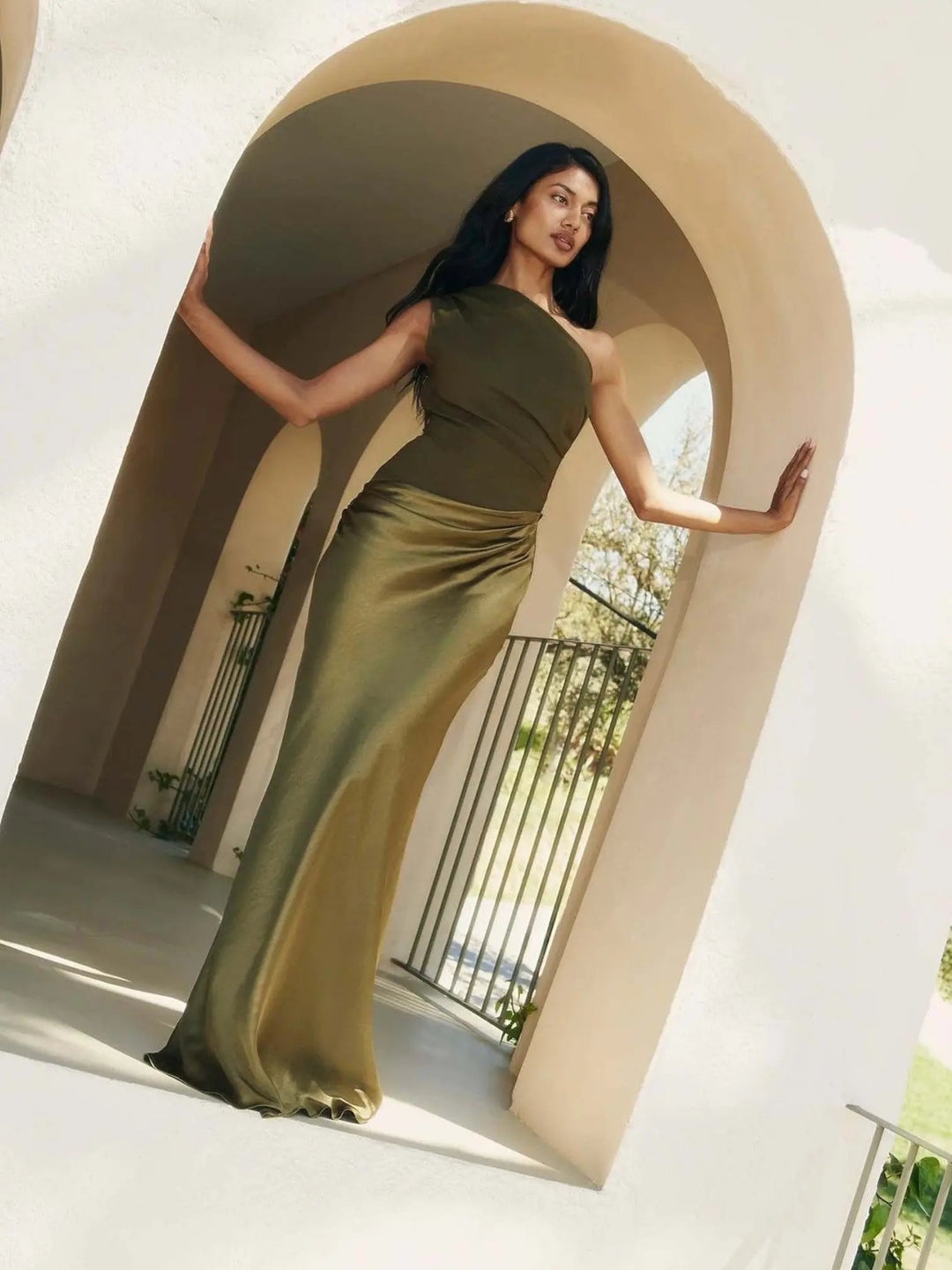 Woman wearing Chic Maxi Dress with fitted, one-shoulder — view 5 | Lunova