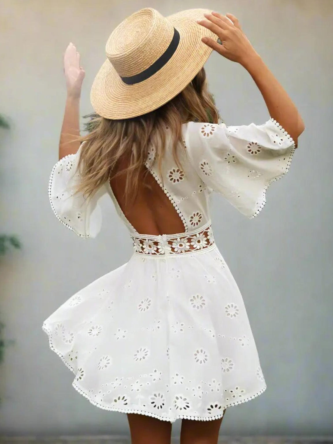 Woman wearing Chic Mini Dress with A-line, empire-waist — view 2 | Lunova
