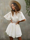 Woman wearing White Chic Mini Dress with A-line, empire-waist | Lunova