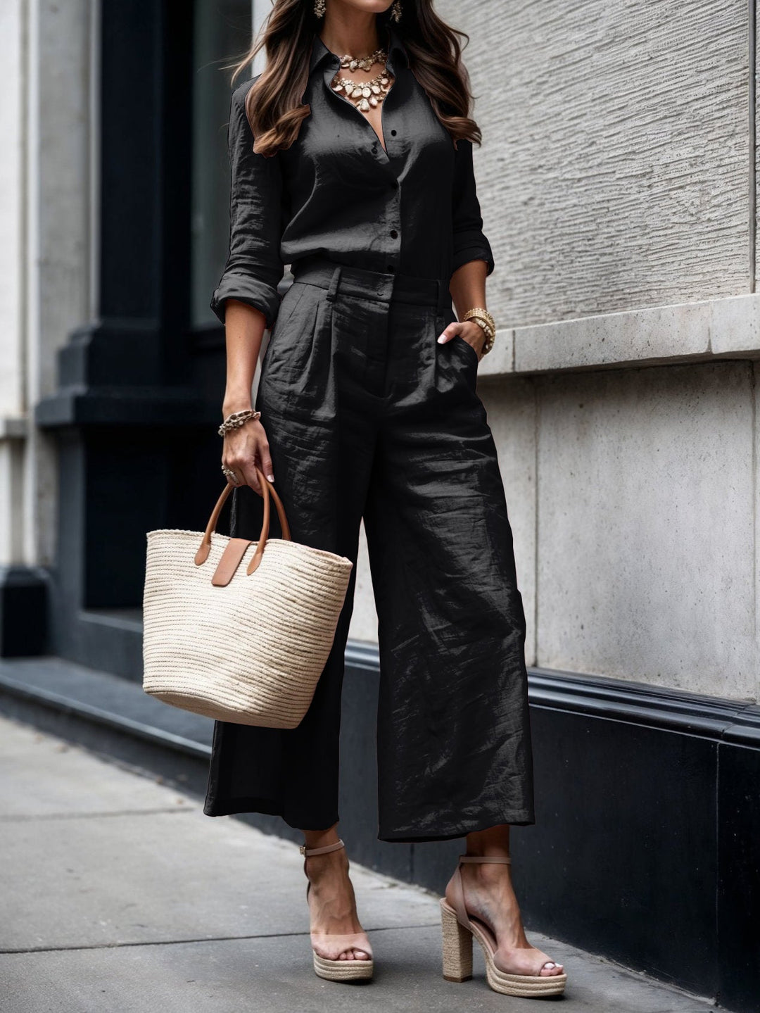 Woman wearing Black Chic Two-Piece Set | Lunova