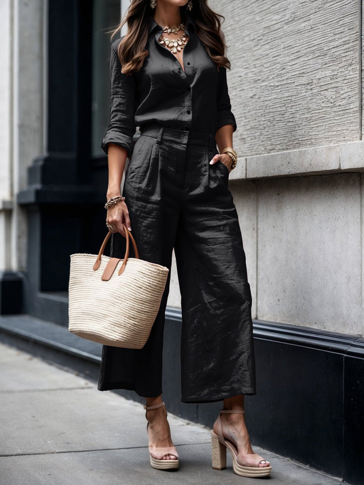 Woman wearing Black Chic Two-Piece Set | Lunova