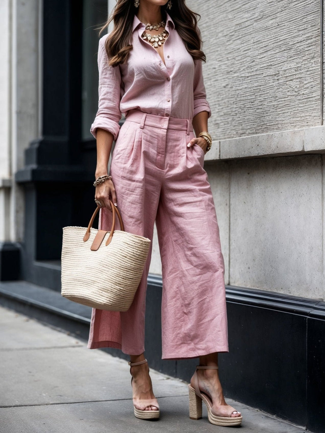 Woman wearing Pink Chic Two-Piece Set | Lunova