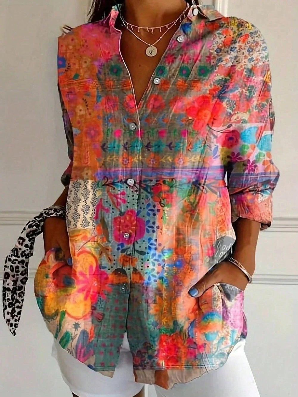 Woman wearing Colourful Button Blouse with button-front | Lunova