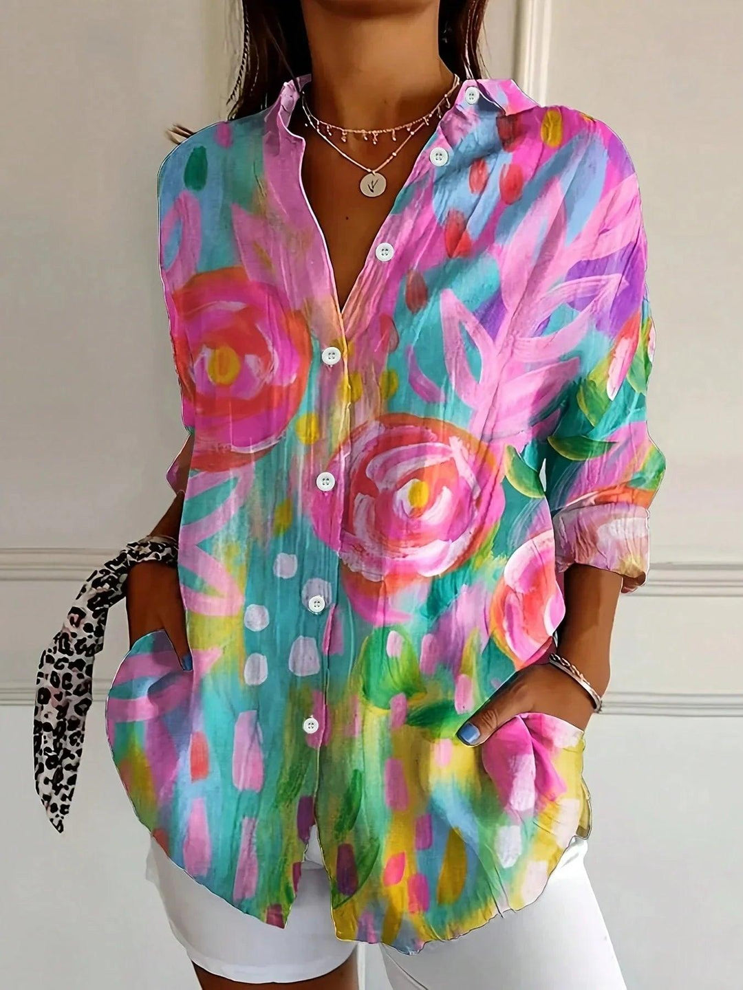 Woman wearing Colourful Button Blouse with button-front | Lunova