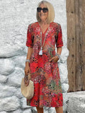 Woman wearing Red Colourful Midi Dress with relaxed, comfort | Lunova