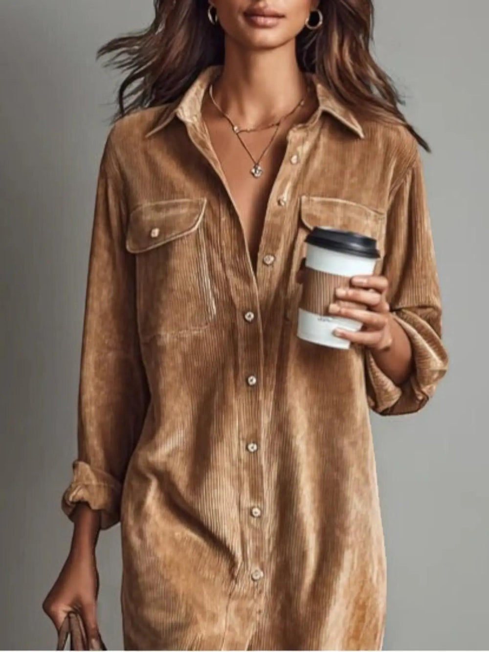 Woman wearing Corduroy Shirt Dress with button-front, relaxed — view 2 | Lunova