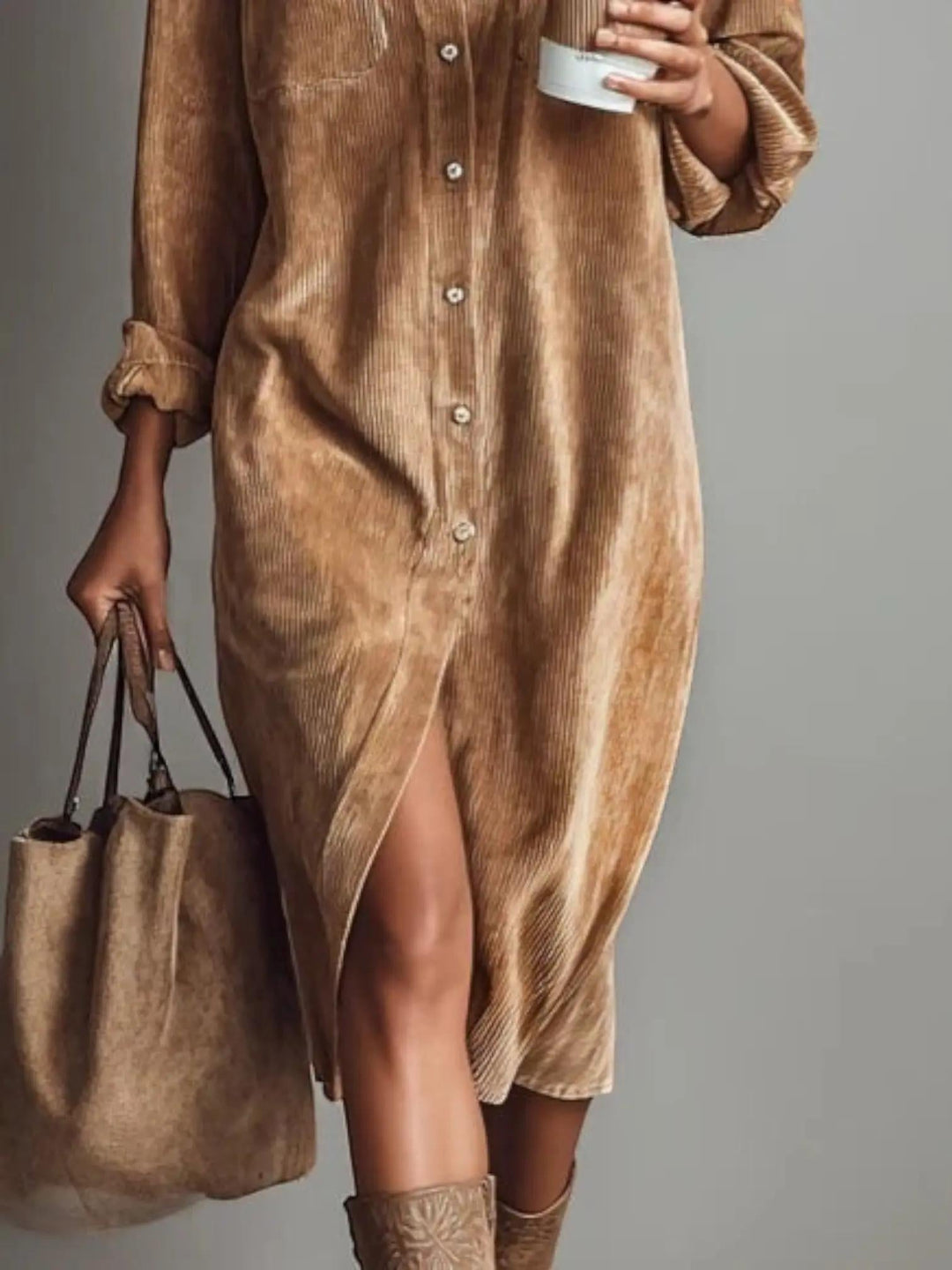Woman wearing Corduroy Shirt Dress with button-front, relaxed — view 3 | Lunova