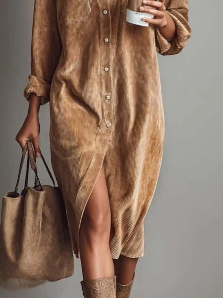 Woman wearing Corduroy Shirt Dress with button-front, relaxed — view 3 | Lunova