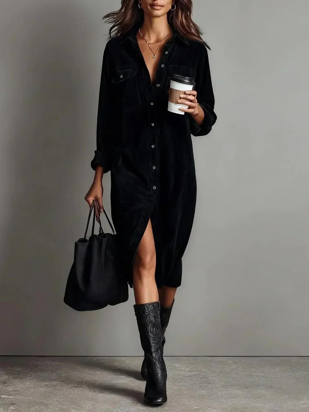 Woman wearing Black Corduroy Shirt Dress with button-front, relaxed | Lunova