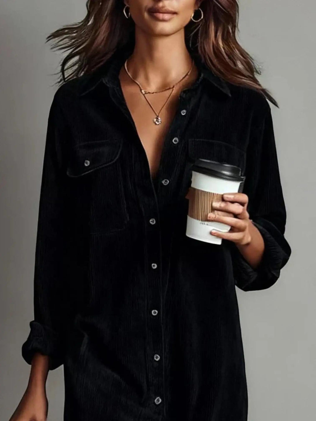 Woman wearing Corduroy Shirt Dress with button-front, relaxed — view 4 | Lunova