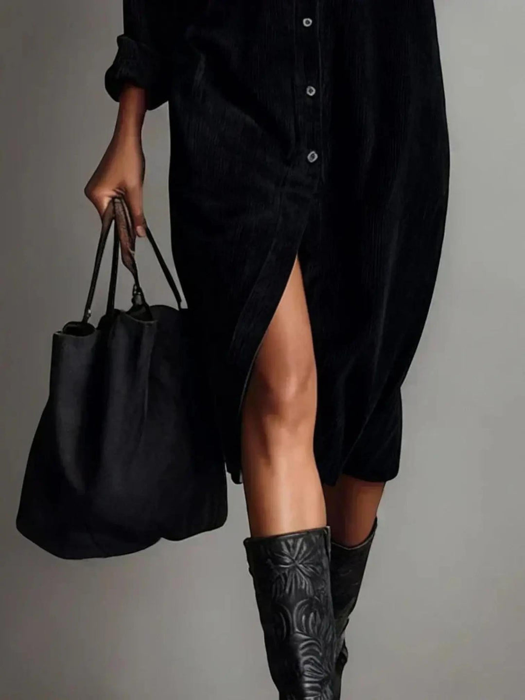 Woman wearing Corduroy Shirt Dress with button-front, relaxed — view 5 | Lunova