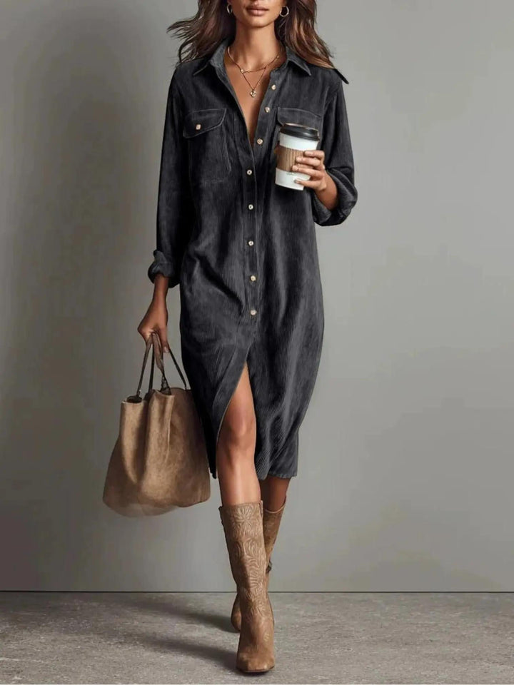 Woman wearing Grey Corduroy Shirt Dress with button-front, relaxed | Lunova