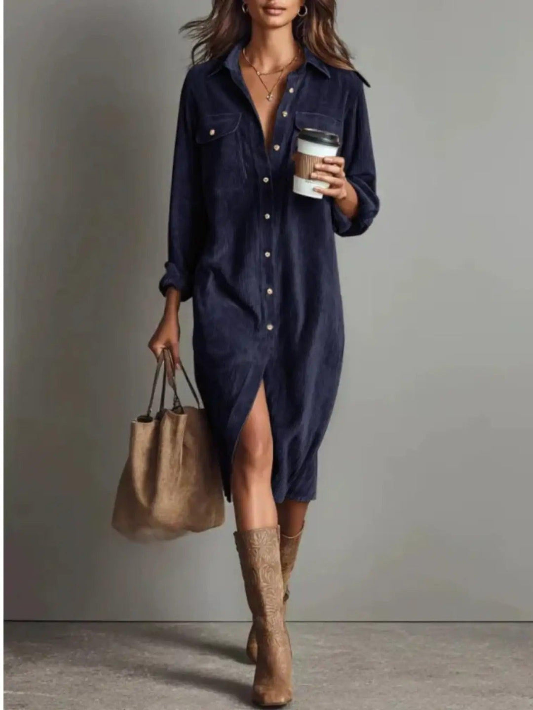 Woman wearing Dark Blue Corduroy Shirt Dress with button-front, relaxed | Lunova