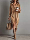 Woman wearing Brown Corduroy Shirt Dress with button-front, relaxed | Lunova