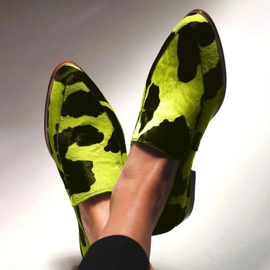 Green Cow Print Loafers