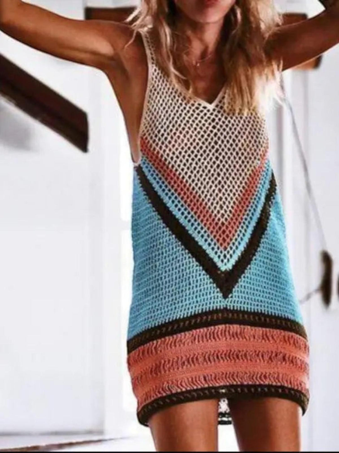 Woman wearing Beige Crochet Beach Cover Up with relaxed, sleeveless | Lunova