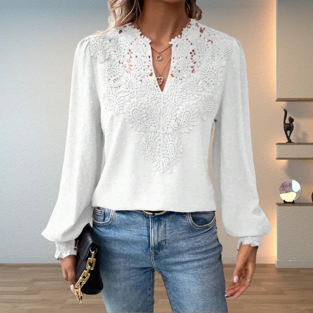 Woman wearing White Crochet Lace Blouse with lace | Lunova