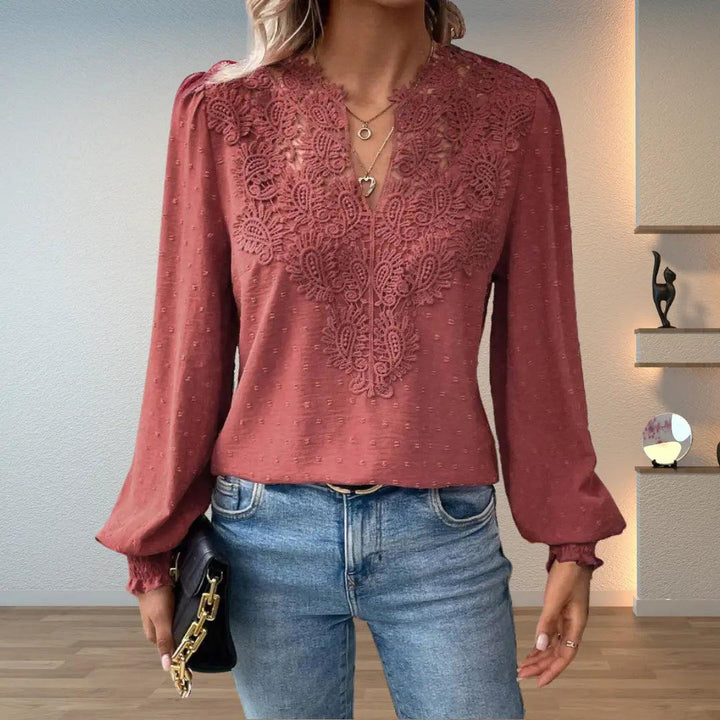 Woman wearing Wine Red Crochet Lace Blouse with lace | Lunova