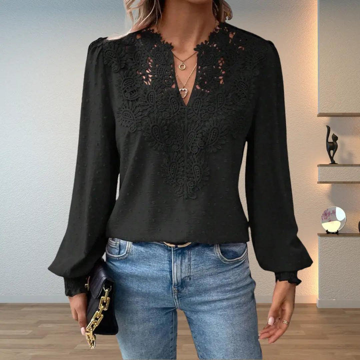 Woman wearing Black Crochet Lace Blouse with lace | Lunova