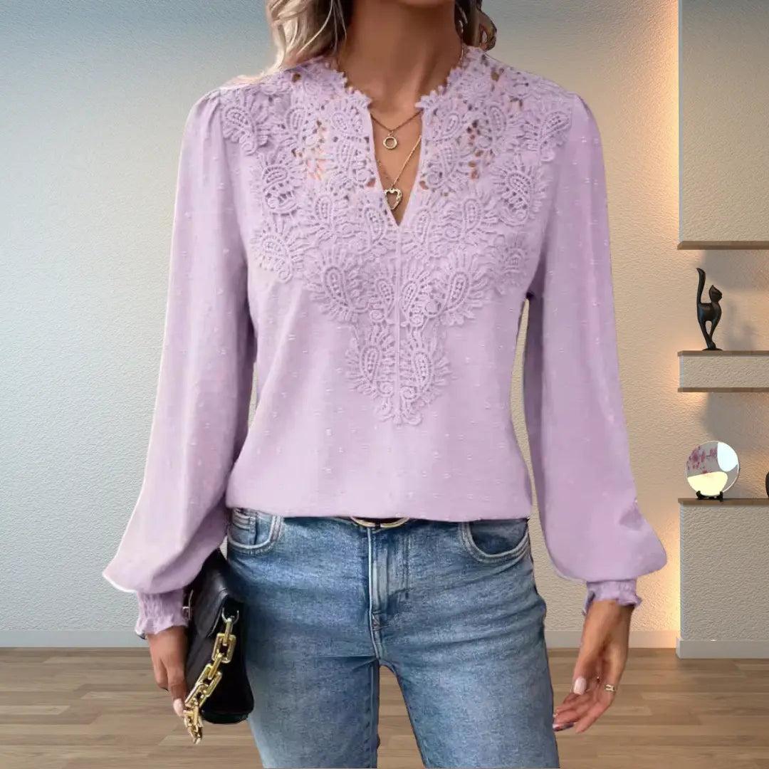Woman wearing Purple Crochet Lace Blouse with lace | Lunova