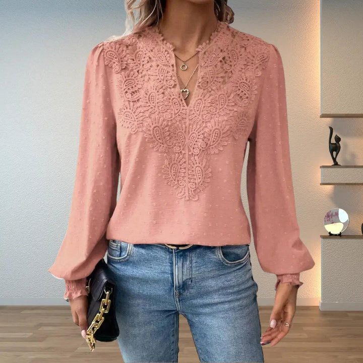 Woman wearing Pink Crochet Lace Blouse with lace | Lunova