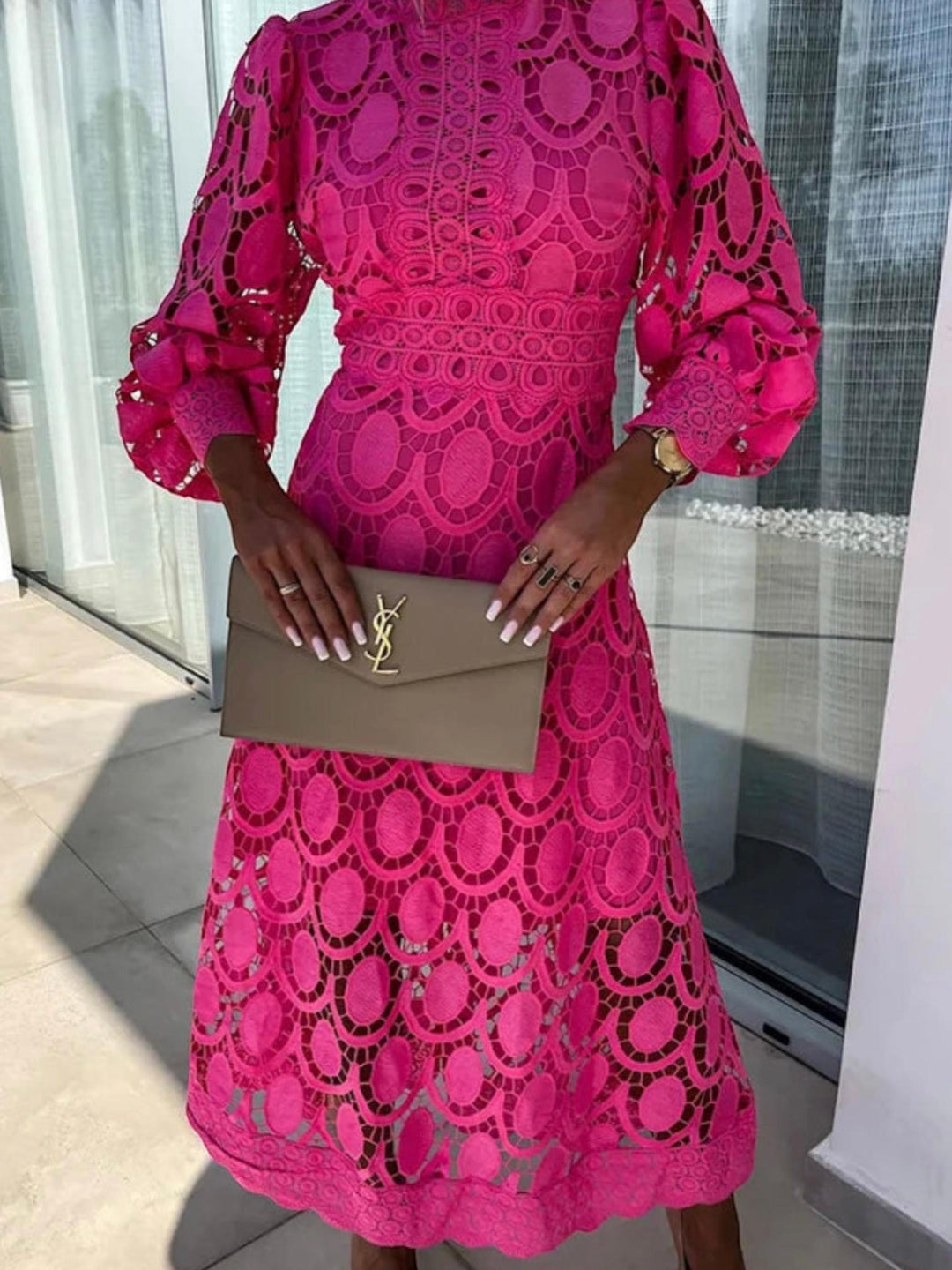 Woman wearing Crochet Lace Midi Dress with fitted, lace — view 2 | Lunova