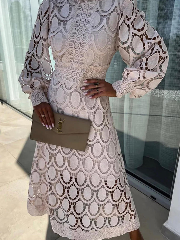 Woman wearing Beige Crochet Lace Midi Dress with fitted, lace | Lunova