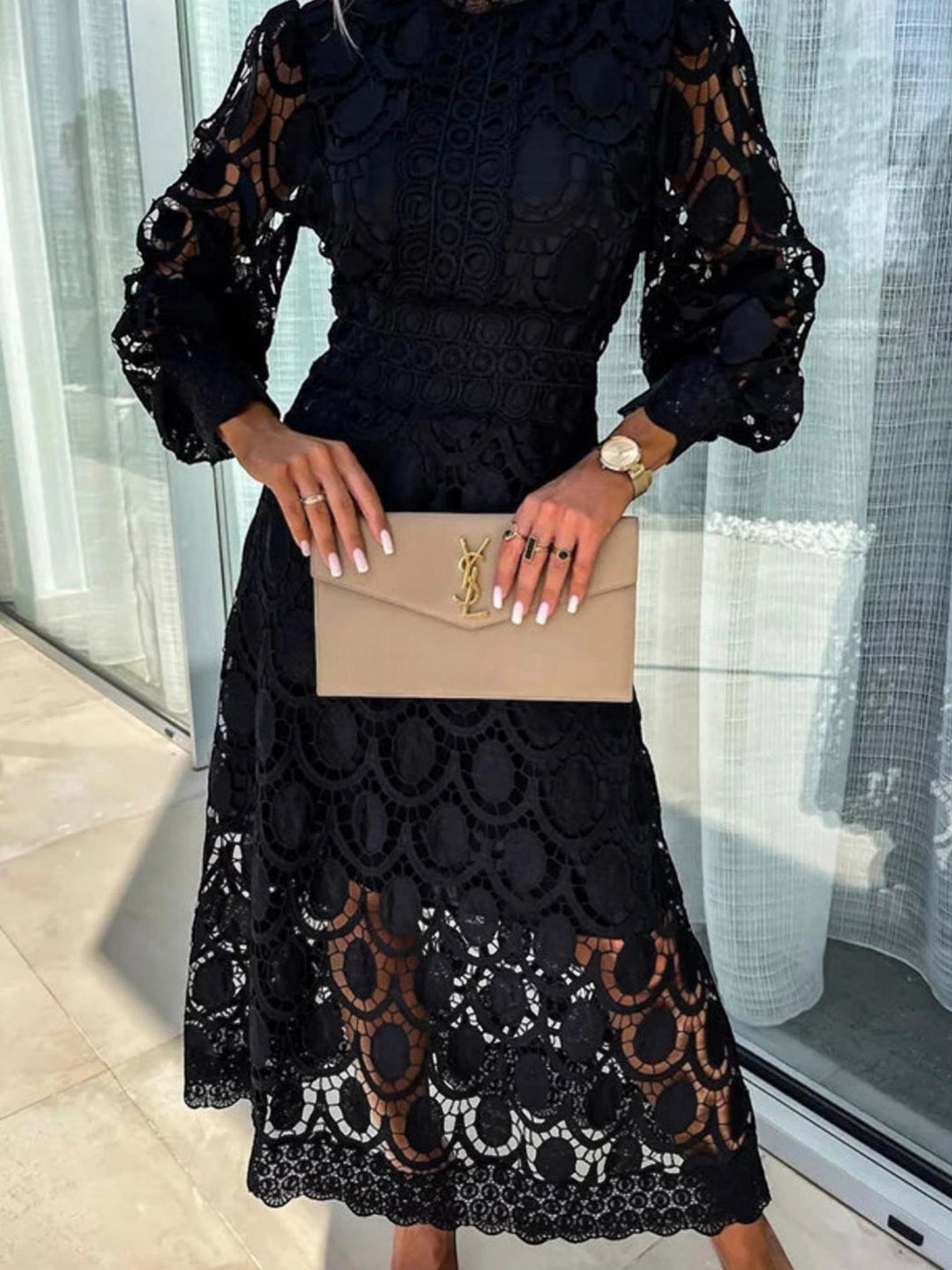 Woman wearing Black Crochet Lace Midi Dress with fitted, lace | Lunova