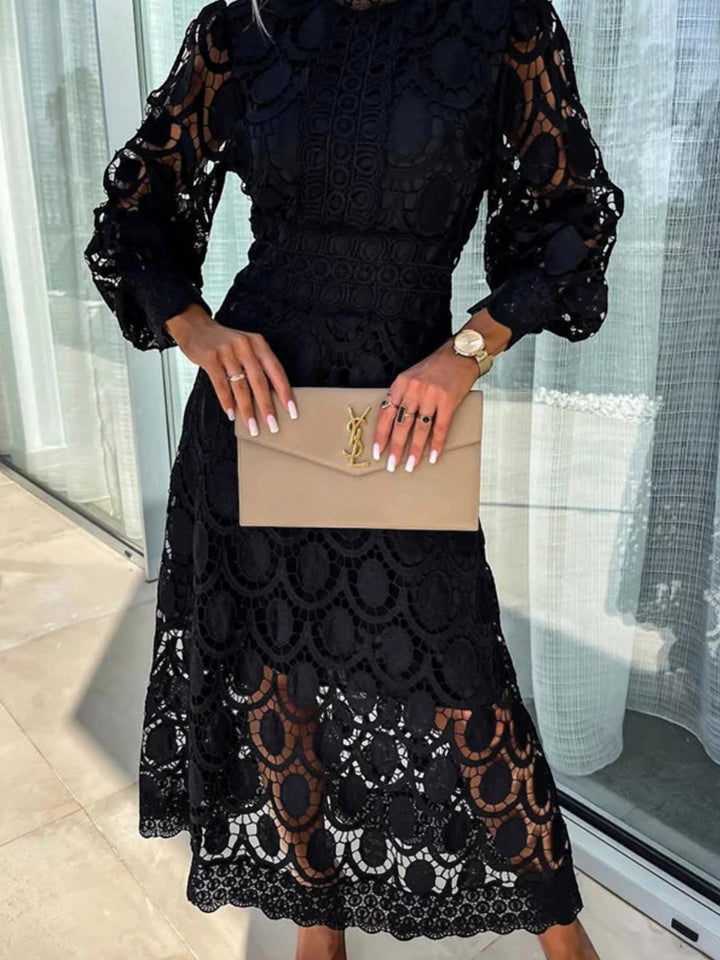 Woman wearing Black Crochet Lace Midi Dress with fitted, lace | Lunova