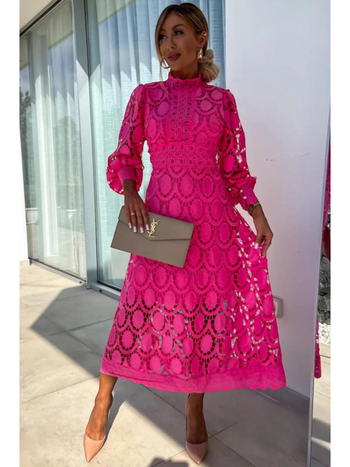 Woman wearing Red Crochet Lace Midi Dress with fitted, lace | Lunova