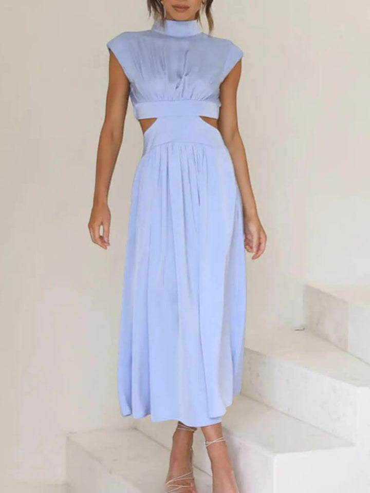 Woman wearing Light Blue Cutout Midi Dress with relaxed, V-neck | Lunova