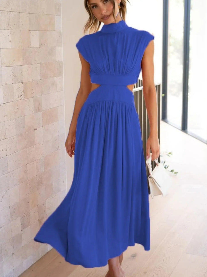 Woman wearing Blue Cutout Midi Dress with relaxed, V-neck | Lunova