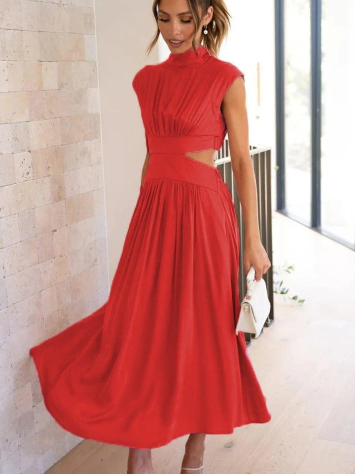 Woman wearing Red Cutout Midi Dress with relaxed, V-neck | Lunova