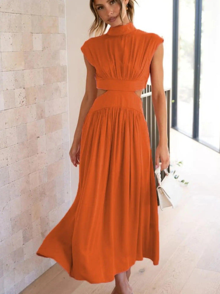 Woman wearing Orange Cutout Midi Dress with relaxed, V-neck | Lunova