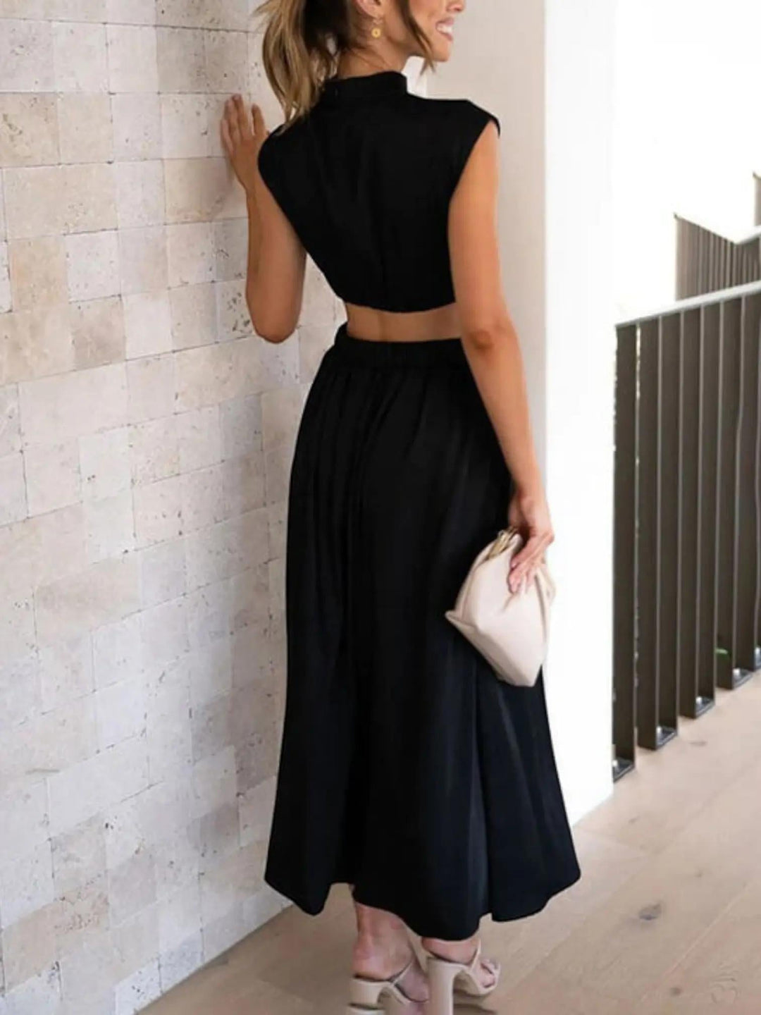Woman wearing Cutout Midi Dress with relaxed, V-neck — view 2 | Lunova