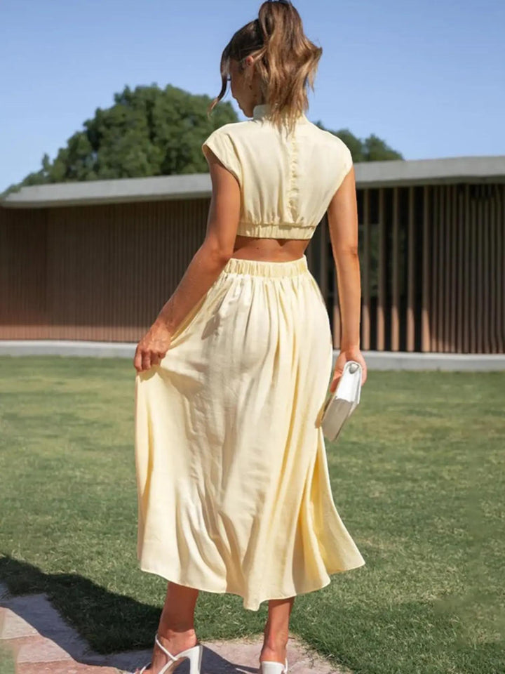 Woman wearing Cutout Midi Dress with relaxed, V-neck — view 4 | Lunova