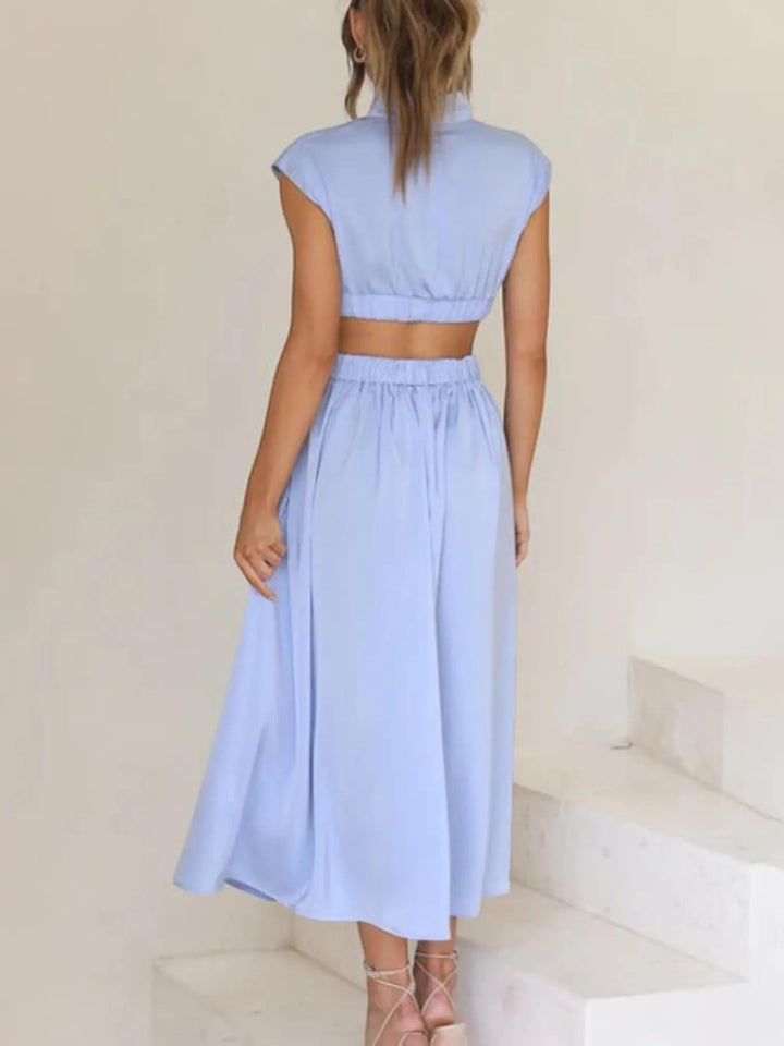 Woman wearing Cutout Midi Dress with relaxed, V-neck — view 5 | Lunova
