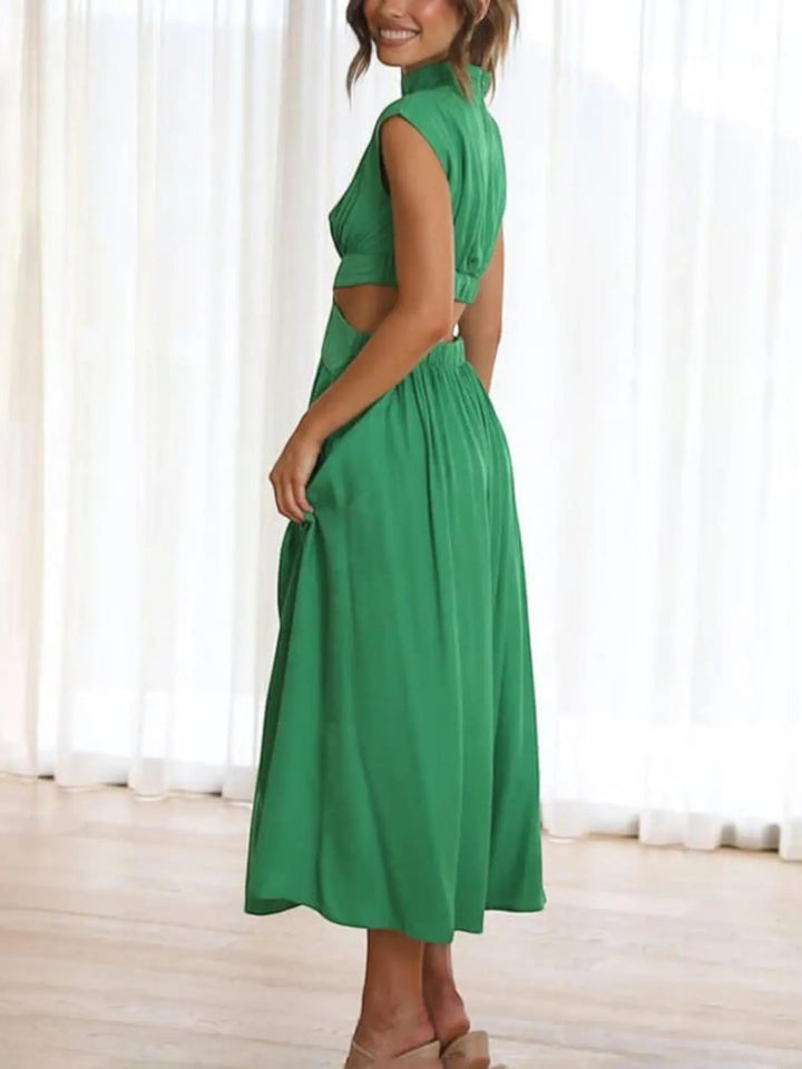 Woman wearing Green Cutout Midi Dress with relaxed, V-neck | Lunova