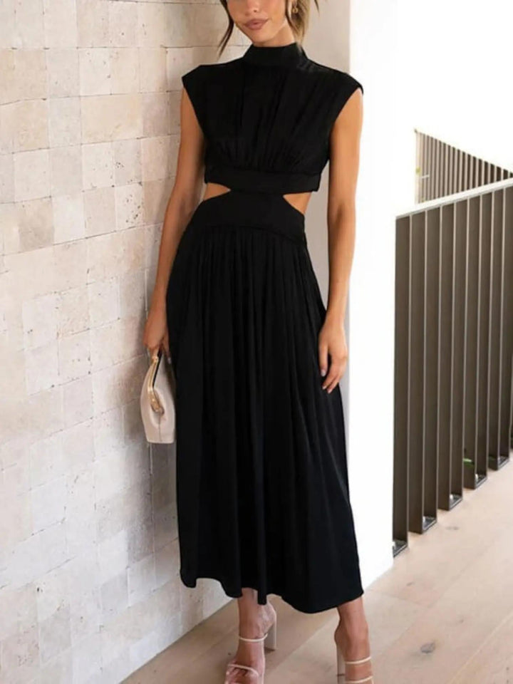 Woman wearing Black Cutout Midi Dress with relaxed, V-neck | Lunova